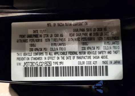 2018 Mazda Cx-9 Touring z USA, uszkodzony, nr VIN JM3TCBCY9J0216939